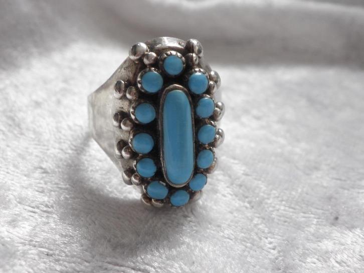 Mooie Robuuste Zilveren Ring met Turkois maat 19,5 en 20,5, Sieraden, Tassen en Uiterlijk, Antieke sieraden, Ring, Zilver, Met edelsteen