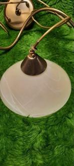 Hanglamp, bronskleurig, kelkjes van gewerkt melkglas, Minder dan 50 cm, Gebruikt, Ophalen of Verzenden, Glas