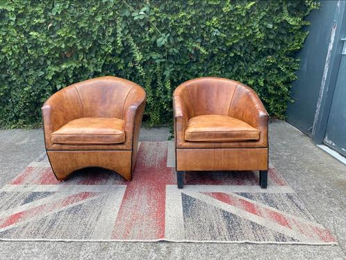 Bart van Bekhoven Artistiek 2 x schapen leren fauteuils, Huis en Inrichting, Fauteuils, Gebruikt, Hout, Leer, 75 tot 100 cm, 75 tot 100 cm