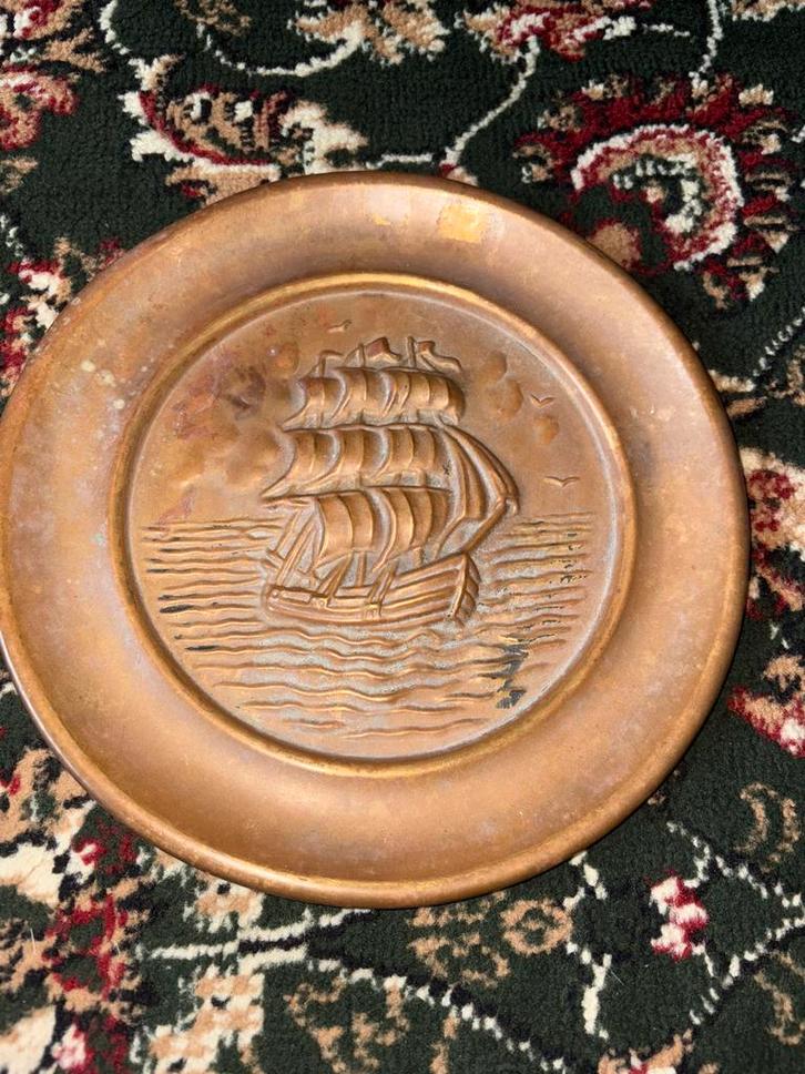 Koperen bord met Schip - 25cm, Antiek en Kunst, Antiek | Wandborden en Tegels, Ophalen of Verzenden