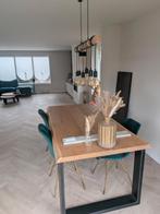 Eiken boomstamtafel 180x90 - Zwart stalen onderstel, Ophalen, 50 tot 100 cm, Zo goed als nieuw, Vijf personen of meer