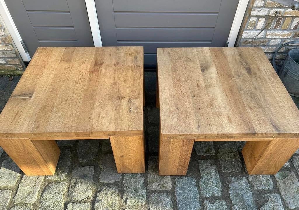 2 stuks fisic gestroomd eikenhout salontafel, bijzettafel, Ophalen, 50 tot 100 cm, 50 tot 100 cm, Zo goed als nieuw