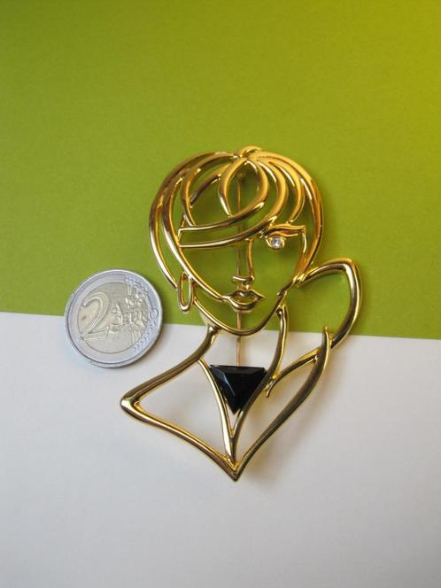 Broche JJ elegante dame / zwart kunststof vlakje 8.5x6.2 cm, Sieraden, Tassen en Uiterlijk, Broches, Zo goed als nieuw, Overige materialen
