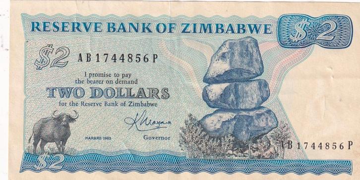 Zimbabwe 2 dollar 1983, Postzegels en Munten, Bankbiljetten | Afrika, Los biljet, Zimbabwe, Verzenden