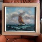Zeilboot op woeste zee,  olieverf op board, gesigneerd r.o., Ophalen of Verzenden
