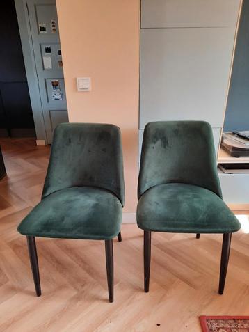 2 Donkergroene velvet eetkamer stoelen