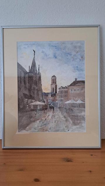 ZWOLLE markt. Originele Aquarel incl. lijst  Gesigneerd.  beschikbaar voor biedingen
