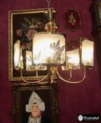 Kroonluchter klassiek goud messing 5 arms met glasplaat