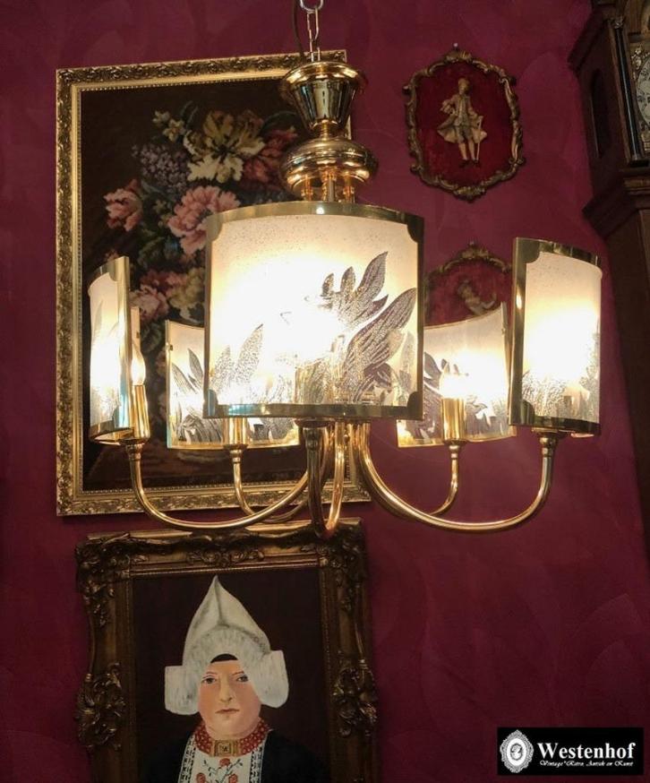 Kroonluchter klassiek goud messing 5 arms met glasplaat, Huis en Inrichting, Lampen | Kroonluchters, Zo goed als nieuw, Overige materialen