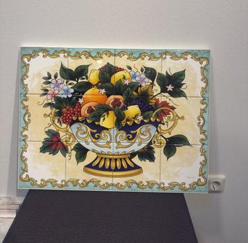 keramiek tegeltableau – Fruitschaal met bloemen | 45x60 cm beschikbaar voor biedingen