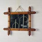 Vintage verweerde rechthoekige houten "faux bamboo" spiegel, Antiek en Kunst, Ophalen of Verzenden, Rechthoekig, Minder dan 50 cm