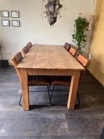 Teak eettafel met 6 cognac lederen stoelen, Ophalen, Gebruikt