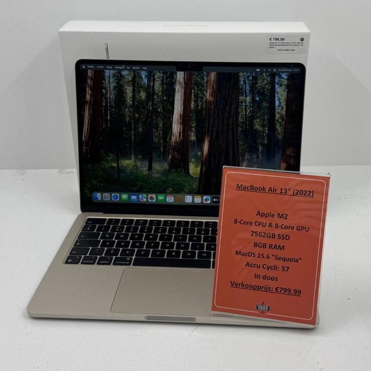 MacBook Air 13" (2022) Laptop | Apple M2 2562GB SSD 8GB RAM, Computers en Software, Apple Macbooks, Zo goed als nieuw, MacBook Air