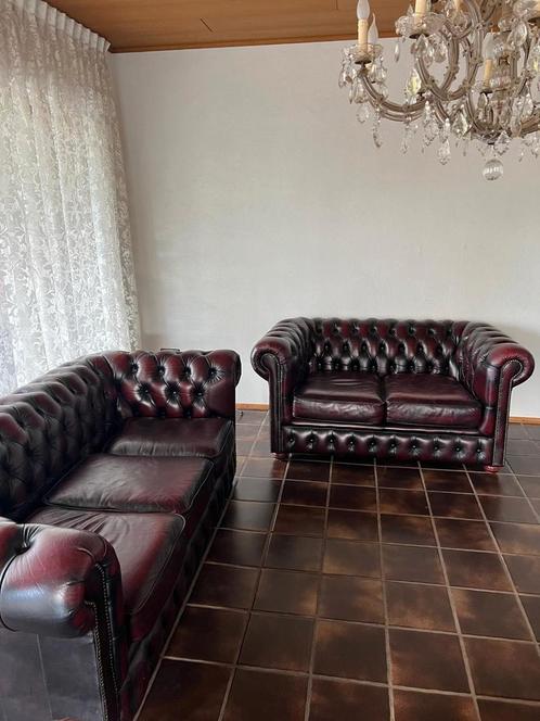 Chesterfield banken 3 + 2 set, Huis en Inrichting, Banken | Complete zithoeken, Zo goed als nieuw, Leer, Ophalen