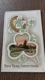 Nieuwjaar.Mooi reliëf.Landelijk,gouden hoefijzer,klaver, Ophalen of Verzenden, Voor 1920, Gelopen, Feest(dag)
