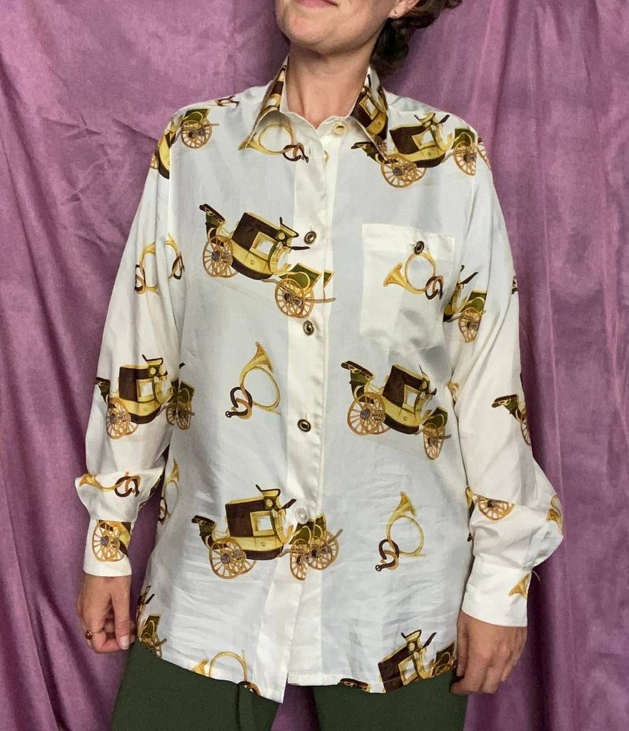 Vintage blouse - print - gouden koets - creme - 38/M, Maat 38/40 (M), Ophalen of Verzenden, 1073BK, Gedragen