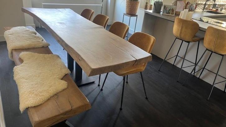 Boomstamtafel eettafel 2.50 m mét eetbank 2.40 m, Huis en Inrichting, Tafels | Eettafels, Gebruikt, 50 tot 100 cm, 200 cm of meer