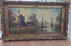 Antiek schilderij van molen en bootjes goudkleurige lijst, Antiek en Kunst, Kunst | Schilderijen | Klassiek, Ophalen