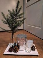 Vintage Kerstdecoratie Set Dienblad met Kandelaars Vaasje, Gebruikt, Ophalen of Verzenden, Wit, Metaal