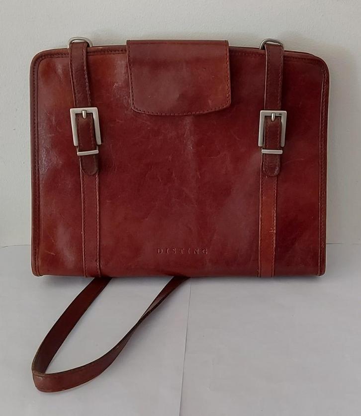 Vintage bruin leren schoudertas DISTING, Sieraden, Tassen en Uiterlijk, Tassen | Schoudertassen, Gebruikt, Overige merken, Bruin