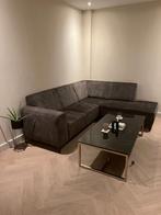 Donkergroene suede/velourse hoekbank, Huis en Inrichting, Banken | Complete zithoeken, Ophalen, Zo goed als nieuw