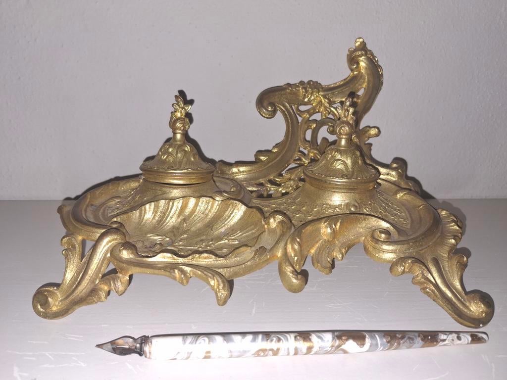 Antiek bronzen inktstel met pen, Antiek en Kunst, Ophalen of Verzenden