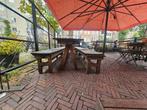Lange houten buitentafel met banken en kussen op maat, Tuin en Terras, Ophalen