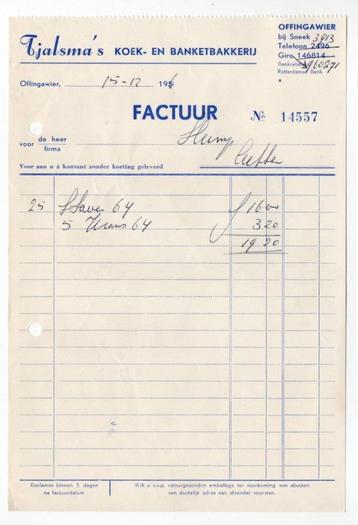 factuur Tjalsma's koek en banketbakkerij Offingawier 1956 beschikbaar voor biedingen