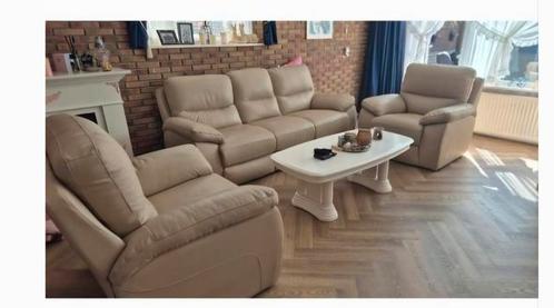 Zgan mooie Leren 3 en 2 x 1 zits bankstel taupe beige, Huis en Inrichting, Banken | Complete zithoeken, Zo goed als nieuw, Leer