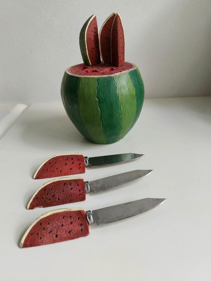 Retro Fruitmes mesjes 6 stuks in Watermeloen houder, Verzamelen, Retro, Huis en Inrichting, Ophalen