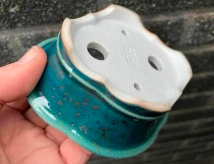 Bonsai schaal handgemaakt turquoise gemerkt 12,9x11,4x4,5, Tuin en Terras, Bloempotten, Nieuw, Aardewerk, Minder dan 40 cm, Minder dan 25 cm