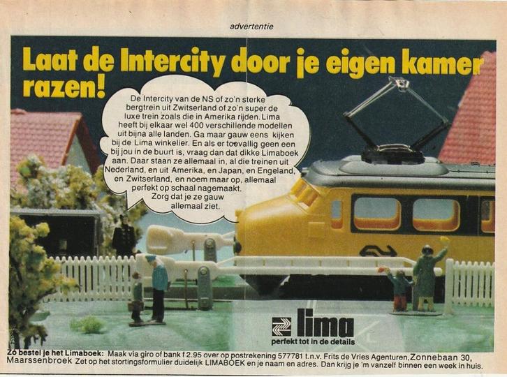 retro reclame 1977 Lima modeltrein NS Apekop modelspoor, Verzamelen, Retro, Overige typen, Verzenden