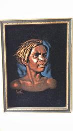 Schilderij op ZWART Fluweel ~ afb. ABORIGINAL, Sig. MARTINUS, Antiek en Kunst, Ophalen of Verzenden
