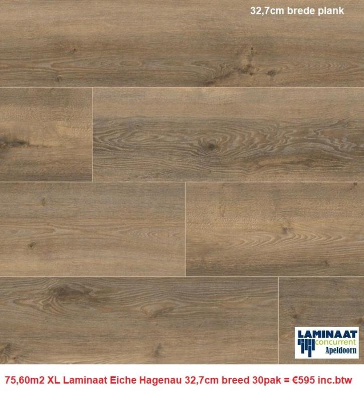 75,60m2 XL Laminaat Eiche Hagenau 32,7cm breed 30pak = €595, Huis en Inrichting, Stoffering | Vloerbedekking, Nieuw, Laminaat