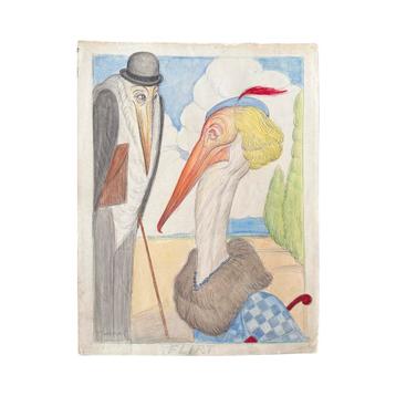 Claes Huisman (1885-1973) Vintage 1950’s tekening ‘Flirt’ beschikbaar voor biedingen