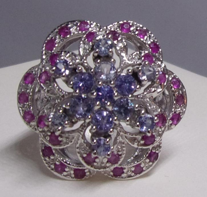 Zware zilveren ring met Robijn & Tanzaniet (2,2 ct), nieuw, Sieraden, Tassen en Uiterlijk, Ringen, Nieuw, Dame, 18 tot 19, Rood