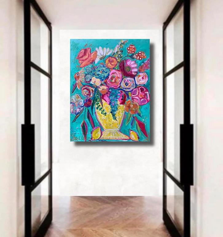 Eyecather ~ schilderij bloemen in vaas ~ atelier, Huis en Inrichting, Woonaccessoires | Schilderijen, Tekeningen en Foto's, Nieuw