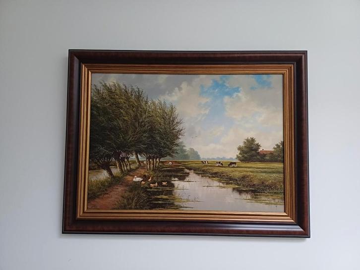 Olieverfdoek hollands weiland landschap van H van Elshout, Antiek en Kunst, Kunst | Schilderijen | Klassiek, Ophalen