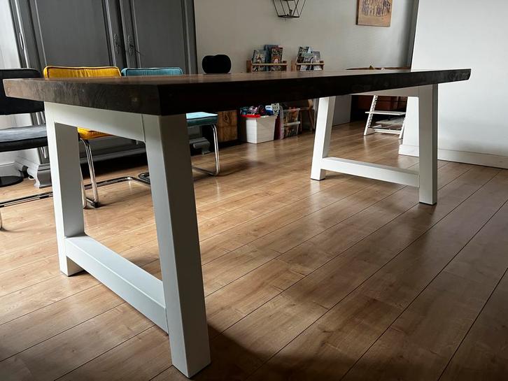 Prachtige houten eetkamertafel met wit metalen frame, Huis en Inrichting, Tafels | Eettafels, Gebruikt, 50 tot 100 cm, 200 cm of meer