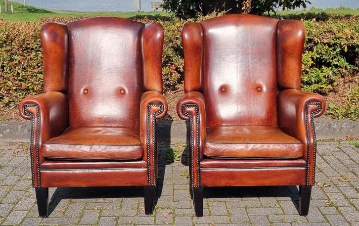 2x schapenleren Chesterfield oor fauteuil + BEZORGING GRATIS, Huis en Inrichting, Fauteuils, Gebruikt, Leer, 75 tot 100 cm, Ophalen of Verzenden