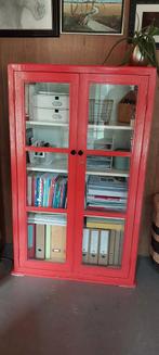Oud houten vitrinekastje met glas, Ophalen, Gebruikt, 50 tot 100 cm, Glas