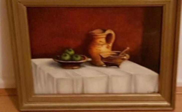 Olieverf schilderij steengoed aardewerk appels v.j. Strik., Antiek en Kunst, Kunst | Schilderijen | Klassiek, Ophalen