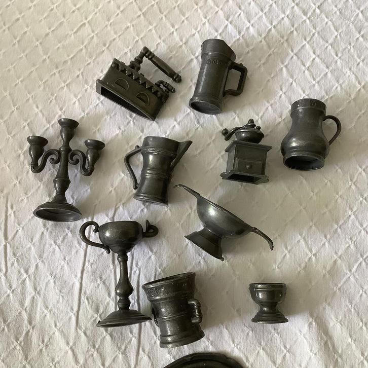 Miniatuur Tinnen Voorwerpjes & Kandelaar, Antiek en Kunst, Antiek | Tin, Ophalen of Verzenden