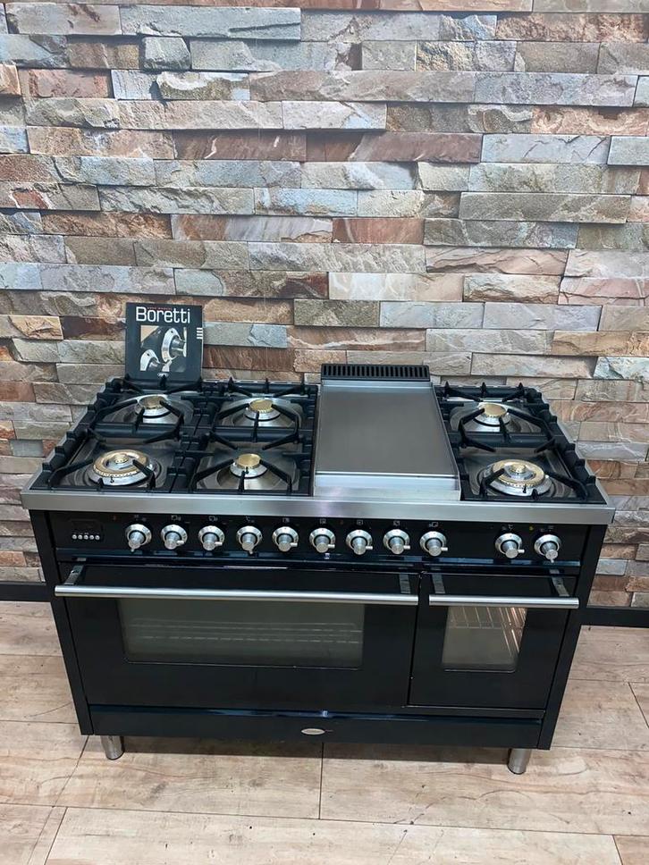 Luxe 7 pits Frytop Boretti zwart hoogglans met 2 ovens 120cm, Witgoed en Apparatuur, Fornuizen, Gebruikt, Vrijstaand, Gas, 5 kookzones of meer