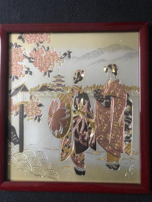 Een ingelijste Japanse "Chokin" gravure van koper en verguld, Antiek en Kunst, Kunst | Niet-Westerse kunst, Ophalen of Verzenden