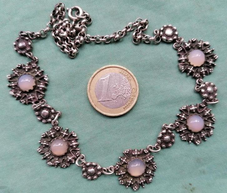 Vintage zilveren ketting met maansteen, Sieraden, Tassen en Uiterlijk, Antieke sieraden, Ketting, Zilver, Met edelsteen, Ophalen of Verzenden