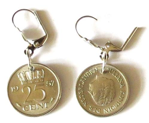 Handmade Echte oude 25 cent Oorbellen uit 1957, Sieraden, Tassen en Uiterlijk, Oorbellen, Nieuw, Hangers, Overige materialen, Zilver