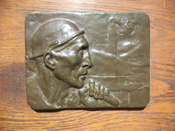 antiek bronzen reliëf Constantin Meunier mijnwerker, profiel beschikbaar voor biedingen