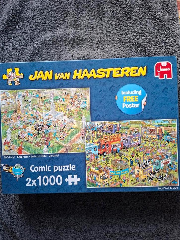 Jan van Haasteren Puzzel 2x1000 - BBQ & Foodtruck, Hobby en Vrije tijd, Denksport en Puzzels, Zo goed als nieuw, Legpuzzel, 500 t/m 1500 stukjes