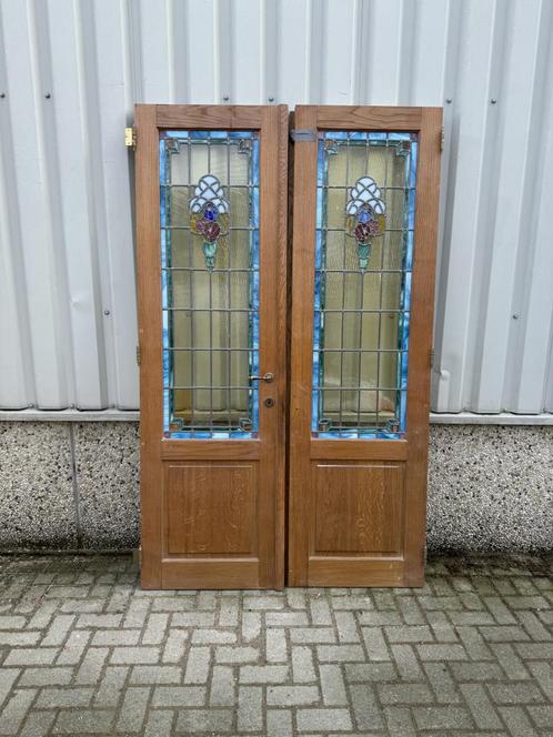 Prachtige eiken set ensuitedeuren met glas in lood, Doe-het-zelf en Verbouw, Deuren en Horren, Zo goed als nieuw, Binnendeur, 215 cm of meer